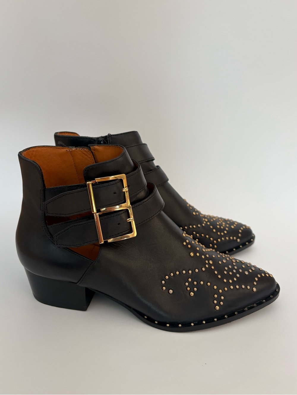 & Other Stories Black Leather Ankle Booties with Gold Buckles and Studs